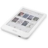 Biały czytnik e-booków z widocznym ekranem, na którym wyświetlone są okładki książek z informacją o procentowym postępie czytania. Na obudowie znajduje się logo "kobo".