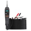 Na zdjęciu znajduje się miernik obwodów z wyświetlaczem pokazującym wartości "Battery: 11.84V" oraz inne parametry. Obok miernika widoczny jest zwinięty czarny kabel z czerwonymi i czarnymi zaciskami oraz logo "ANCEL" na urządzeniu.