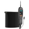 Czarny miernik obwodów z wyświetlaczem pokazującym wartości: "Battery: 11.86 V", "11.84 V", "-0.82", "11.86", oraz przyciskami w kolorze pomarańczowym. Obok znajduje się zwinięty czarny przewód.