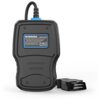 Czarny skaner diagnostyczny z niebieskim złączem i widocznym napisem: "WARNING OBDII SCANNER 1. Operating or observing no load when driving. 2. Might distract driver and cause accidents. 3. Keep away from moisture and water. 4. Operating Voltage: DC 6-18V