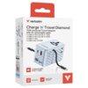 Białe opakowanie z czerwonym logo "verbatim" zawiera zdjęcie adaptera podróżnego o nazwie "Charge 'n' Travel Diamond" z mocą 70W i wysuwanym kablem USB-C. Na opakowaniu widnieją specyfikacje techniczne, takie jak różne typy portów USB-C i USB-A oraz ikony