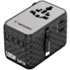 Czarny adapter podróżny z logo "verbatim" na górnej powierzchni, posiadający różne gniazda i oznaczenia takie jak "100W GaN III" oraz "USB/UP Socket". Obudowa ma wzór geometryczny, a na boku widoczne są oznaczenia A1, A2, C1, C2, C3.