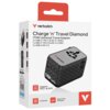 Opakowanie adaptera podróżnego Verbatim z napisem "Charge 'n' Travel Diamond 170W Universal Travel Adapter" oraz specyfikacją portów USB-C i USB-A. Na opakowaniu widoczne są również informacje o wsparciu dla PD3.1 i QC4+, a także logo Verbatim.
