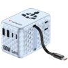 Niebieski adapter podróżny z logo "verbatim" na górze, posiada różne gniazda i porty oznaczone jako A1, A2, C2, C3 oraz napis "100W GaN III". Z boku widoczny jest wbudowany kabel z końcówką USB-C oraz gniazdo oznaczone jako "US/AU/JP Socket".