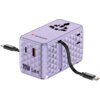 Fioletowy adapter podróżny z logo "Verbatim" na górze, posiadający różne gniazda i porty, w tym oznaczone jako C3 i A1, oraz napis "70W GaN III" na boku. Adapter ma teksturowaną powierzchnię i wbudowany kabel z końcówką USB-C.