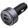 Czarna ładowarka samochodowa z trzema portami: USB-C2, USB-A i USB-C1, z widocznym logo "AUKEY" na obudowie. Porty oznaczone są jako PD i PP.