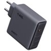 Szara ładowarka sieciowa z logo "AUKEY" i oznaczeniem mocy "140W" posiada trzy porty USB-C oznaczone jako "PD", "C3", "C2" oraz jeden port USB-A.