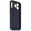 Granatowe etui skórzane z trzema okrągłymi wycięciami na aparaty oraz jednym podłużnym na lampę, przeznaczone do telefonu Apple iPhone 17 Pro. Wnętrze etui ma delikatną teksturę i jest przystosowane do technologii MagSafe.