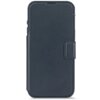 Granatowe etui skórzane z klapką, przeznaczone do telefonu Apple iPhone 17 Pro, posiada zapięcie na magnes oraz subtelne przeszycia na krawędziach. W górnym rogu widoczny jest mały, kolorowy akcent.