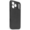 Czarne skórzane etui z trzema okrągłymi i jednym podłużnym wycięciem na aparat, z widocznym napisem "DECODED" na dole. Etui jest przeznaczone do telefonu iPhone 17 Pro Max i obsługuje technologię MagSafe.