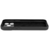 Czarne etui wykonane z materiału przypominającego skórę, przeznaczone do telefonu Apple iPhone 17 Pro Max, z trzema okrągłymi otworami na aparat oraz wycięciami na przyciski boczne. Wnętrze etui ma teksturę z delikatnym wzorem.