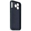 Granatowe etui na telefon wykonane z materiału przypominającego skórę, z trzema okrągłymi otworami na aparat oraz dodatkowymi przyciskami po boku. Wnętrze etui ma delikatną teksturę i widoczne są na nim subtelne okręgi.