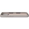 Szare etui silikonowe z funkcją MagSafe, przeznaczone do Apple iPhone 17, widoczne z boku, z trzema przyciskami i wycięciem na aparat. Wnętrze etui ma delikatny wzór i teksturę.