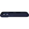 Granatowe etui silikonowe z funkcją MagSafe, przeznaczone do Apple iPhone 17 Pro, widoczne z boku, z wycięciami na aparat i przyciski. Powierzchnia etui jest gładka, a jego krawędzie są zaokrąglone.