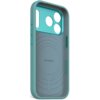 Niebieskie etui silikonowe z technologią MagSafe, przeznaczone do Apple iPhone 17 Pro, posiada wycięcia na aparat i przyciski oraz wewnętrzny wzór z koncentrycznymi okręgami. Wewnątrz widoczny jest napis "DECODED".