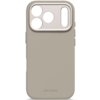 Szare etui silikonowe z trzema okrągłymi i jednym podłużnym otworem na aparat, z napisem "DECODED" na dole. Produkt jest przeznaczony do telefonu Apple iPhone 17 Pro i posiada funkcję MagSafe oraz właściwości antybakteryjne.