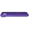Fioletowe etui silikonowe z funkcją MagSafe, przeznaczone do telefonu Apple iPhone, widoczne z boku. Etui ma wycięcia na aparat i przyciski oraz gładką powierzchnię wewnętrzną.