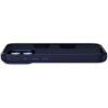 Granatowe etui silikonowe z funkcją MagSafe, przeznaczone do modelu Apple iPhone 17 Pro Max, widoczne z boku, z wycięciami na aparat i przyciski. Produkt ma gładką powierzchnię i zaokrąglone krawędzie.