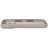 Szare etui silikonowe z funkcją MagSafe, przeznaczone do modelu Apple iPhone 17 Pro Max, posiada wycięcia na aparat i przyciski oraz wewnętrzną wyściółkę. Wewnątrz widoczne są delikatne wzory i struktura materiału.