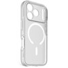 Przezroczyste etui na telefon z białymi akcentami, posiada wycięcia na aparat i przyciski oraz widoczny okrągły wzór MagSafe. Na dole etui znajduje się napis "DECODED".