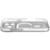 Przezroczyste etui na telefon z trzema otworami na aparat, widocznym białym okręgiem MagSafe oraz napisem "DECODED" na powierzchni. Etui ma wyraźnie zaznaczone przyciski i otwory na złącza.