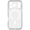 Przezroczyste etui na telefon z trzema okrągłymi otworami na aparaty i jednym podłużnym otworem na lampę, z widocznym białym wzorem MagSafe. Na dole etui znajduje się napis "DECODED".