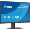 Monitor marki iiyama z serii ProLite XUB3297QSNP-B1 o przekątnej 32 cale, rozdzielczości 2560x1440 pikseli, technologii IPS, częstotliwości odświeżania 100Hz i czasie reakcji 1 ms. Na ekranie widoczne są informacje: "32” 80cm", "IPS 2560x1440", "95W USB-C", "KVM SWITCH", "15cm".