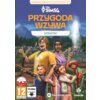 Okładka dodatku do gry "The Sims 4: Przygoda Wzywa" przedstawia cztery postacie w scenerii przyrodniczej z górami i wodospadem w tle. Na górze widnieje napis: "WYŁĄCZNIE DO POBRANIA OPAKOWANIE NIE ZAWIERA PŁYTY", a poniżej logo "The Sims 4" oraz tytuł dod