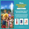Na zdjęciu znajduje się grafika promująca dodatek do gry "The Sims 4: Przygoda Wzywa" z postaciami w tle oraz tekstem: "Kup do 13 listopada 2025 r., aby otrzymać zestaw 'Ciepło i przytulnie' do pobrania!" Obok widoczne są ilustracje produktów: lampa "Ciep