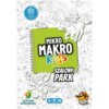 Okładka gry książkowej "Mikro Makro Kids: Szalony park" przedstawia kolorowy tytuł na zielonym tle z rysunkami postaci i budynków w tle. Widoczne są logotypy "Edition Spielwiese" i "Lucky Duck Games", a także informacje: "Gra dedukcyjna z ukrytymi obrazka