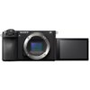 Czarny aparat bezlusterkowy z widocznym logo "SONY" i oznaczeniem "E-mount" na obudowie, z wyświetlaczem LCD obok korpusu. Aparat nie ma zamontowanego obiektywu, ukazując matrycę wewnątrz.