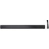 Czarny soundbar z widocznym logo "SHARP" oraz pilot z przyciskami i logo "SHARP". Soundbar ma perforowaną powierzchnię z małą, niebieską diodą na środku.