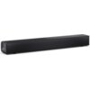 Czarny soundbar o prostokątnym kształcie z widoczną siatką na przedniej części oraz subtelnym logo "SHARP" na górze. Produkt ma elegancki, minimalistyczny design.