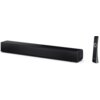 Czarny soundbar o prostokątnym kształcie z widocznymi przyciskami na górnej powierzchni oraz pilot zdalnego sterowania z przyciskami i logo "Sharp" na dole.