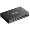 Czarny przełącznik sieciowy z logo "Omada by TP-Link" na górze, posiadający sześć portów, z których pięć to porty Ethernet, a jeden to port SFP. Na przednim panelu widoczne są diody oznaczone jako "PoE Max", "SYS" i "PWR", a także przycisk "Reset".