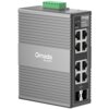 Na zdjęciu znajduje się szary, prostokątny switch TP-LINK Omada IES208G z ośmioma portami Ethernet i dwoma portami Combo, z widocznym logo "Omada by tp-link" oraz napisem "IES208G 8-Port Gigabit Industrial Switch". Na górze urządzenia znajduje się zielony element złącza.