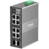 Na zdjęciu znajduje się szary, metalowy switch TP-LINK Omada IES208G z ośmioma portami Ethernet, oznaczeniami "P1", "P2", "Reset" oraz "Combo", a także logo "Omada by tp-link". Produkt ma prostokątny kształt z widocznymi złączami i zielonym elementem na górze.