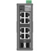 Na zdjęciu znajduje się szary, pionowy switch sieciowy z ośmioma portami Ethernet, oznaczony jako "Omada by tp-link IES208G 8-Port Gigabit Industrial Switch". Widoczne są przyciski "P1", "P2", "Reset" oraz wyświetlacz z oznaczeniem "Combo".