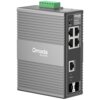 Na zdjęciu widoczny jest szary, metalowy switch TP-LINK Omada IES206G z sześcioma portami Ethernet, oznaczeniami "P1", "P2", "Reset" oraz "Combo", a także logo "Omada by tp-link". Produkt ma żebrowaną obudowę i zielony element na górze.