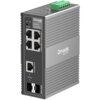 Na zdjęciu znajduje się szary, pionowy switch TP-LINK Omada IES206G z sześcioma portami Gigabit Ethernet, oznaczeniami "Omada by tp-link" oraz "IES206G 6-Port Gigabit Industrial Switch". Na górze urządzenia widoczny jest zielony terminal złącza z kilkoma 