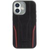 Czarno-czerwone etui na telefon z logo Audi na dole, wykonane z materiału przypominającego skórę, z czerwonymi akcentami po bokach. W górnej części widoczne są wycięcia na aparat i lampę błyskową.