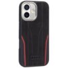 Czarno-czerwone etui na telefon z widocznym logo Audi, wykonane z materiału przypominającego skórę, z czerwonymi akcentami po bokach. Etui ma wycięcia na aparat i przyciski telefonu.