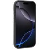 Czarne etui na telefon wykonane z syntetycznej skóry, zaprojektowane dla Apple iPhone 17, z funkcją MagSafe. Na ekranie telefonu widoczny jest abstrakcyjny wzór z ciemnymi i jasnymi okręgami.