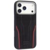 Czarno-czerwone etui na telefon wykonane z prawdziwej skóry, z widocznym logo Audi na dole. Etui posiada wyraźne czerwone przeszycia i jest dostosowane do modelu iPhone 17 Pro Max.