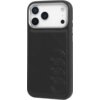 Czarne etui wykonane z syntetycznej skóry z wytłoczonym logo składającym się z czterech połączonych okręgów, przeznaczone do telefonu Apple iPhone 17 Pro. Etui jest kompatybilne z technologią MagSafe.