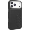 Czarne etui wykonane z syntetycznej skóry, przeznaczone do Apple iPhone 17 Pro, z widocznym logo składającym się z czterech połączonych pierścieni. Etui posiada wycięcia na aparat i przyciski, a także jest kompatybilne z technologią MagSafe.