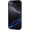 Przedstawione jest czarne etui na telefon z wyświetlaczem pokazującym abstrakcyjny wzór z ciemnymi i jasnymi okręgami. Etui ma gładką powierzchnię z widocznymi przyciskami bocznymi.