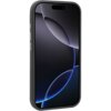 Czarne etui na telefon wykonane z syntetycznej skóry, przeznaczone dla modelu Apple iPhone 17 Pro, z funkcją MagSafe. Na ekranie telefonu widoczny jest abstrakcyjny wzór z ciemnymi i jasnymi okręgami.