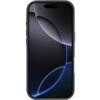 Czarny smartfon w etui z widocznym ekranem, na którym wyświetlany jest abstrakcyjny wzór z ciemnymi i jasnymi okręgami. Etui ma gładką powierzchnię i zaokrąglone krawędzie.