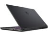 Czarny laptop z widocznym logo producenta na pokrywie, z otwartą klapą ukazującą porty po boku oraz podświetlaną klawiaturę. Na obudowie znajdują się otwory wentylacyjne.